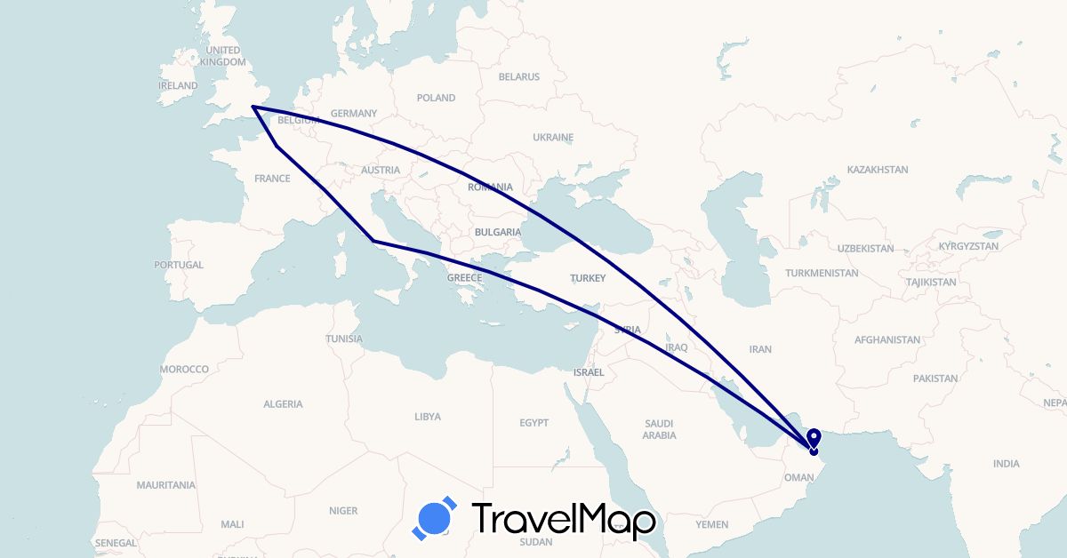 TravelMap itinerary: driving in France, United Kingdom, Italy, Oman (Asia, Europe)