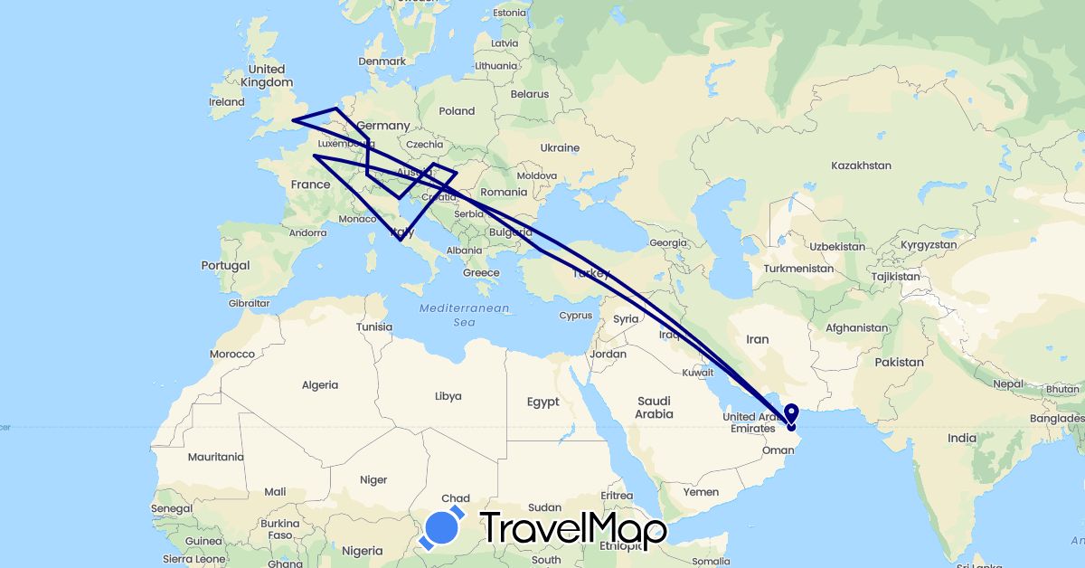 TravelMap itinerary: driving in Austria, Switzerland, Germany, France, United Kingdom, Hungary, Italy, Netherlands, Oman, Turkey (Asia, Europe)
